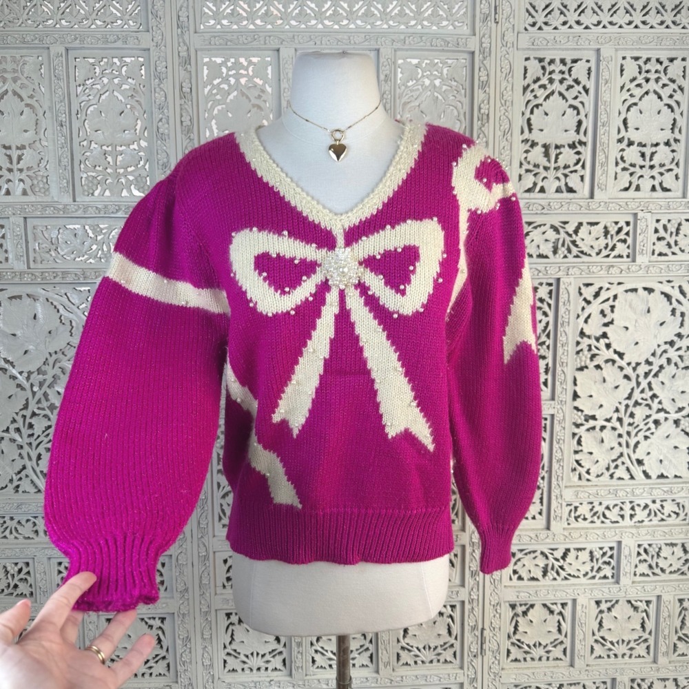 Vtg Jaclyn Smith Hot Pink Bow Pearl‎ Sweater Sz L Chunky Coquette Retro 80's